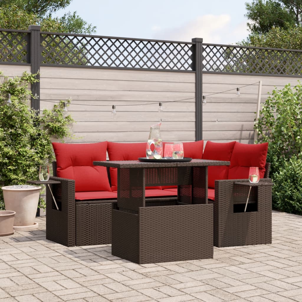 5-delige tuinbankset met kussens, bruin polyrotan is nu te koop bij PeponiXL, paradijselijk wonen!
