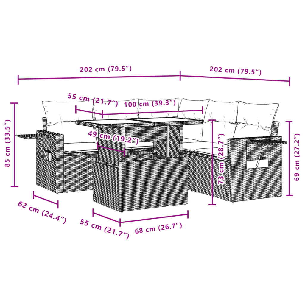 6-delige Loungeset met kussens poly rattan beige