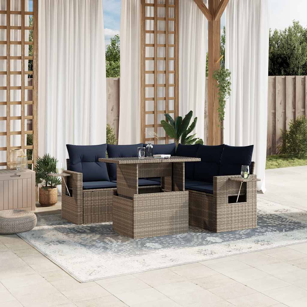 6-delige tuinbankset met kussens, grijs polyrotan is nu te koop bij PeponiXL, paradijselijk wonen!