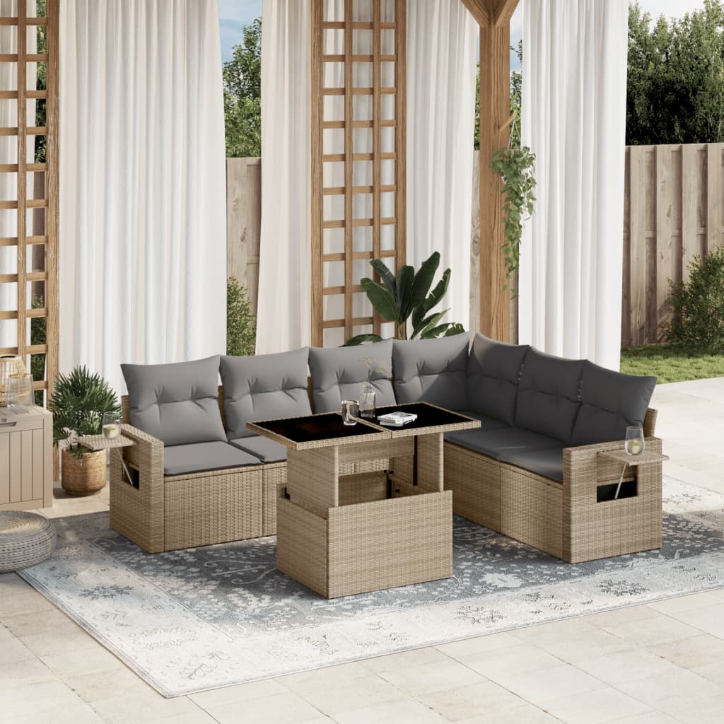 7-delige Loungeset met kussens poly rattan beige is nu te koop bij PeponiXL, paradijselijk wonen!