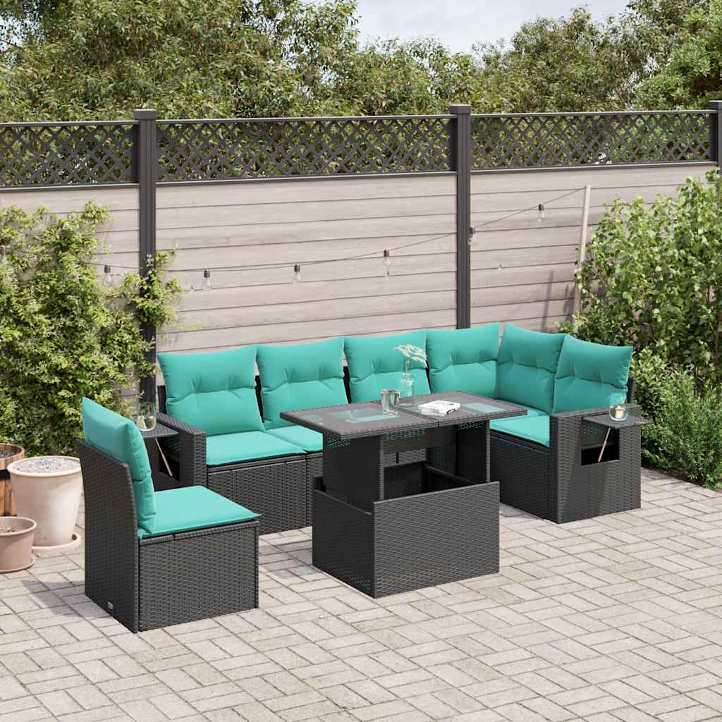 7-delige tuinbankset met kussens van zwart polyrotan is nu te koop bij PeponiXL, paradijselijk wonen!