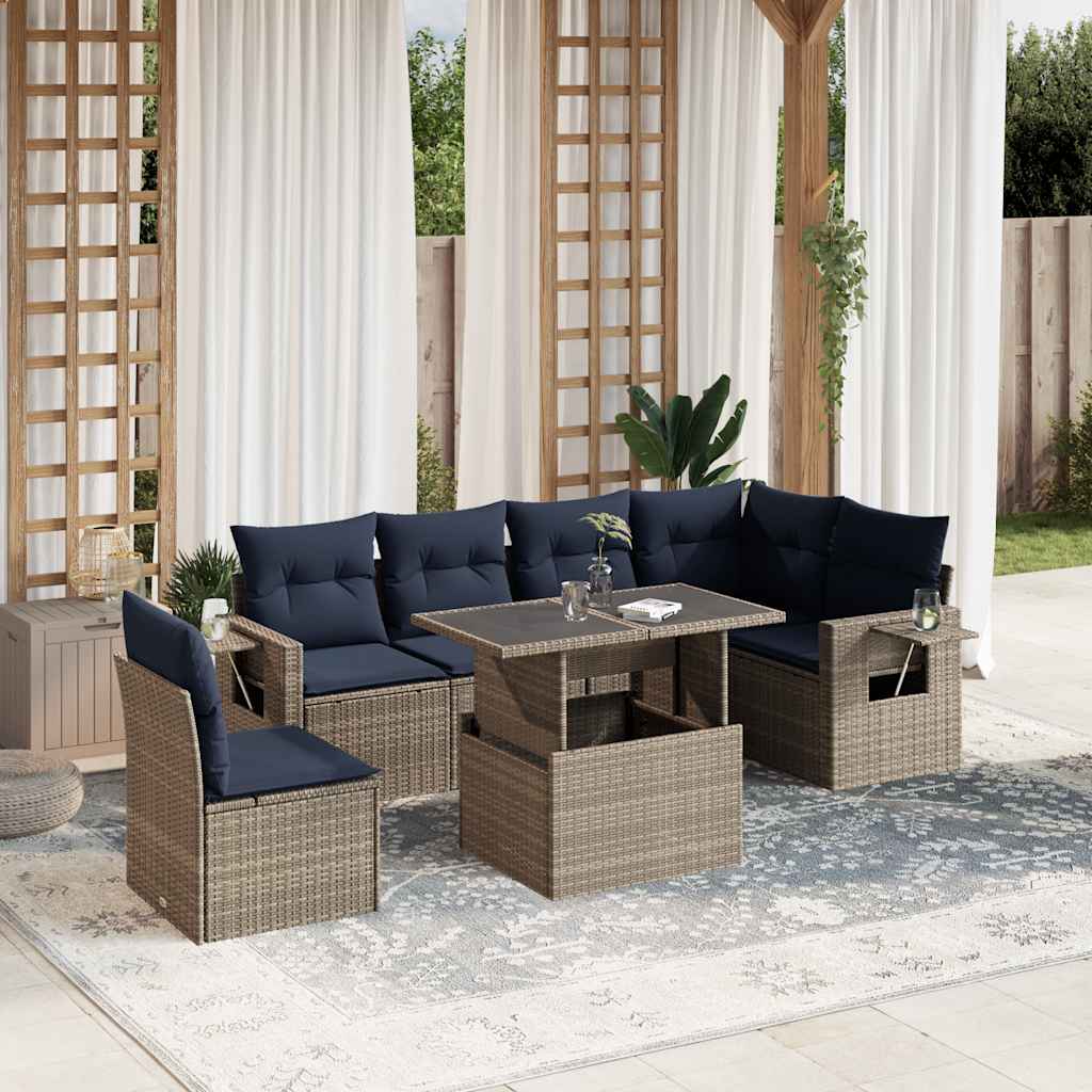 7-delige tuinbankset met kussens, grijs polyrotan is nu te koop bij PeponiXL, paradijselijk wonen!