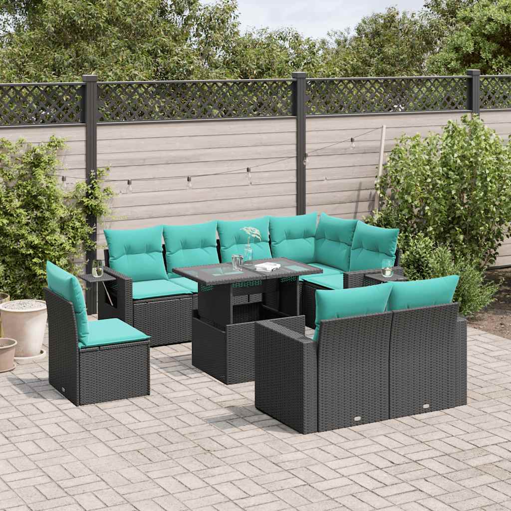 9-delige tuinbankset met kussens van zwart polyrotan is nu te koop bij PeponiXL, paradijselijk wonen!