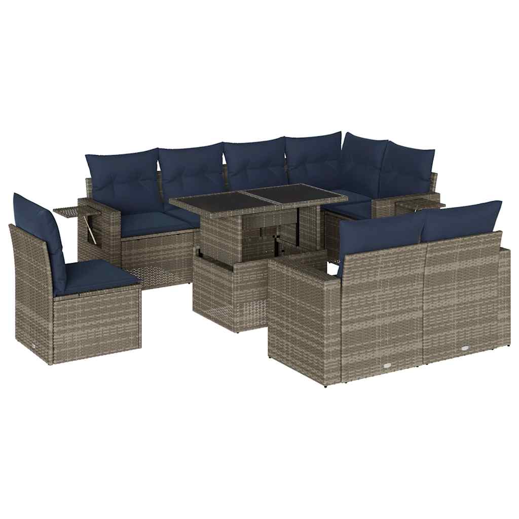9-delige tuinbankset met kussens, grijs polyrotan is nu te koop bij PeponiXL, paradijselijk wonen!