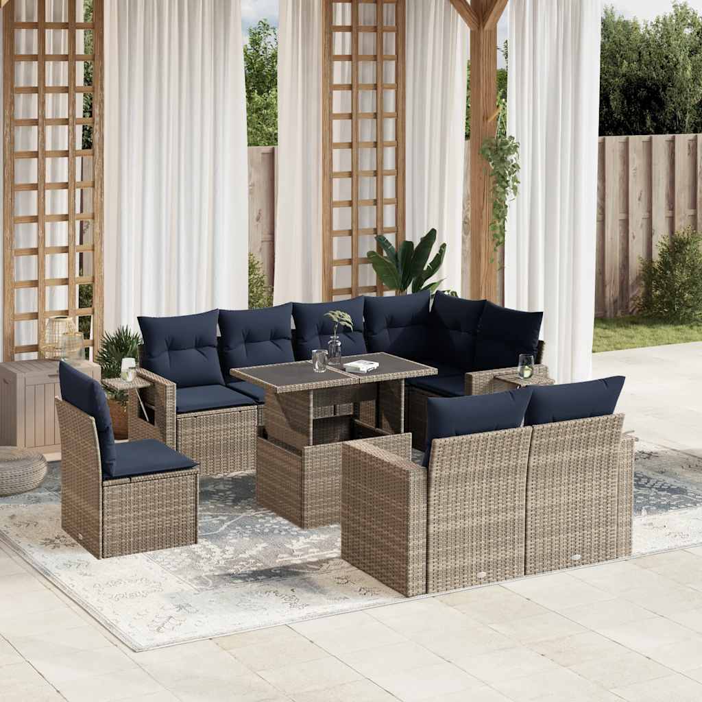 9-delige tuinbankset met kussens, grijs polyrotan is nu te koop bij PeponiXL, paradijselijk wonen!