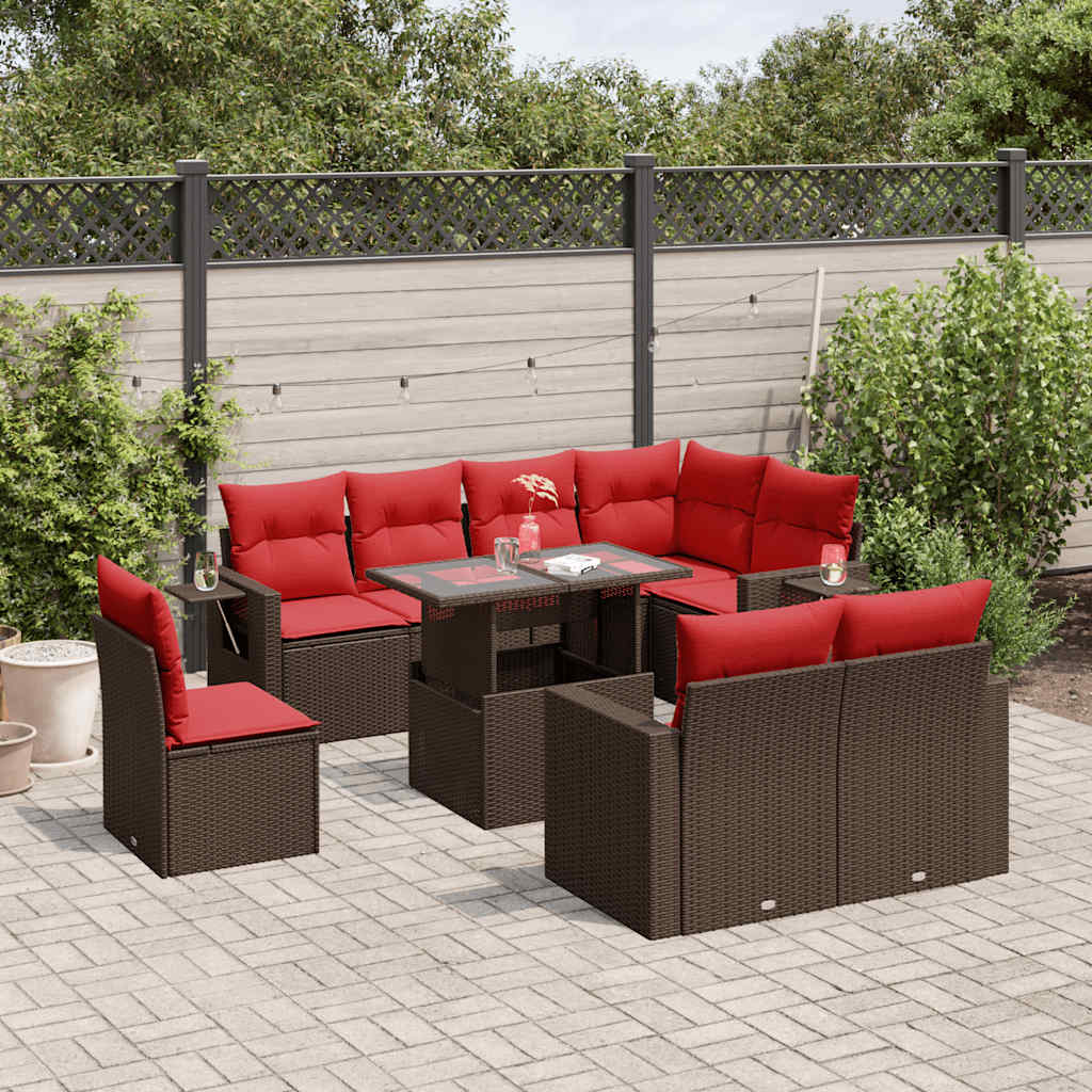 9-delige tuinbankset met kussens, bruin polyrotan is nu te koop bij PeponiXL, paradijselijk wonen!