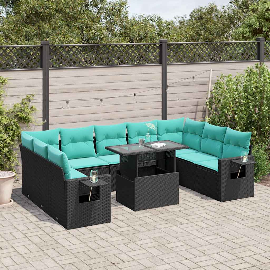 10-delige tuinbankset met kussens van zwart polyrotan is nu te koop bij PeponiXL, paradijselijk wonen!