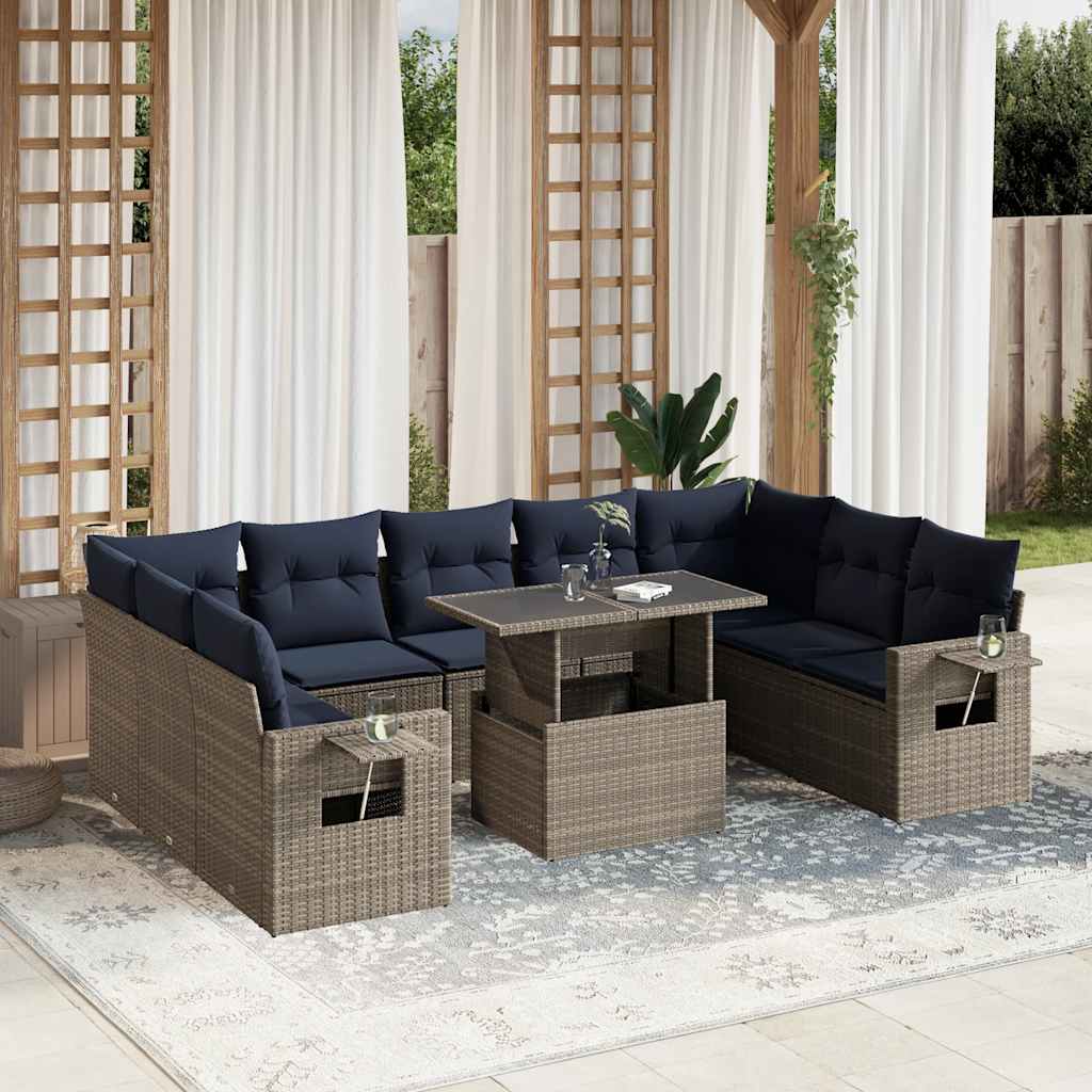 10-delige tuinbankset met kussens, grijs polyrotan is nu te koop bij PeponiXL, paradijselijk wonen!