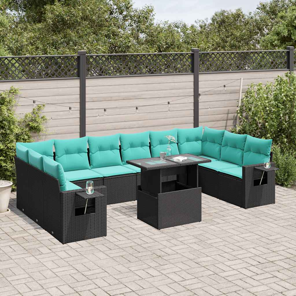 11-delige tuinbankset met kussens, zwart polyrotan is nu te koop bij PeponiXL, paradijselijk wonen!