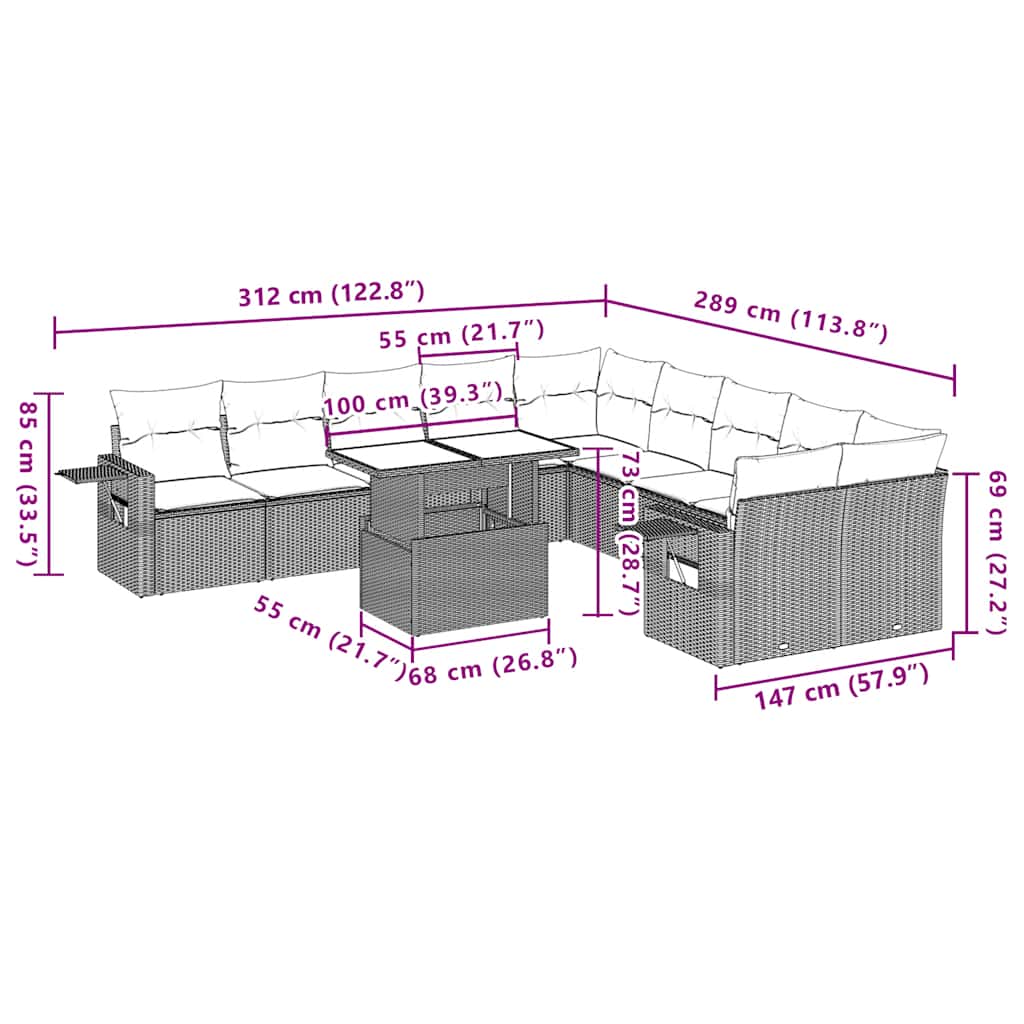 11-delige tuinbankset met kussens, grijs polyrotan is nu te koop bij PeponiXL, paradijselijk wonen!