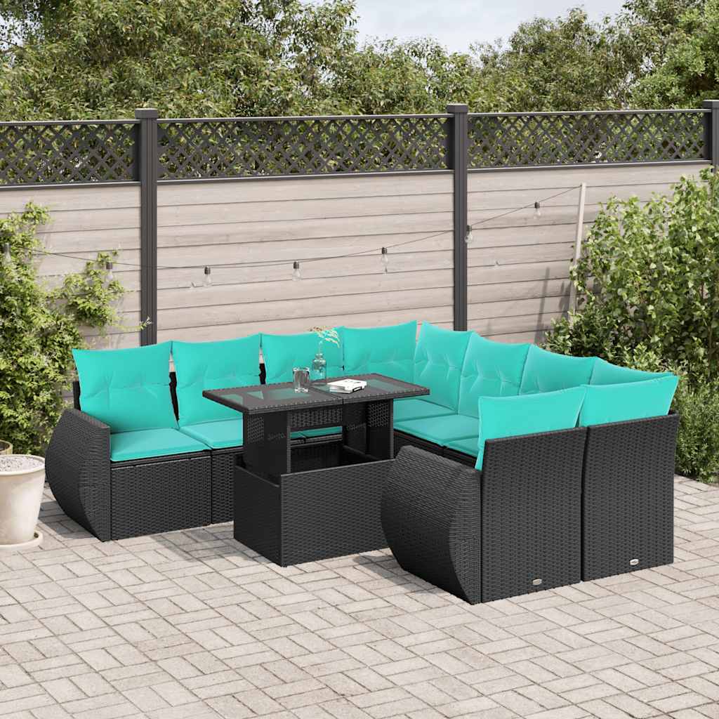 9-delige tuinbankset met kussens van zwart polyrotan is nu te koop bij PeponiXL, paradijselijk wonen!