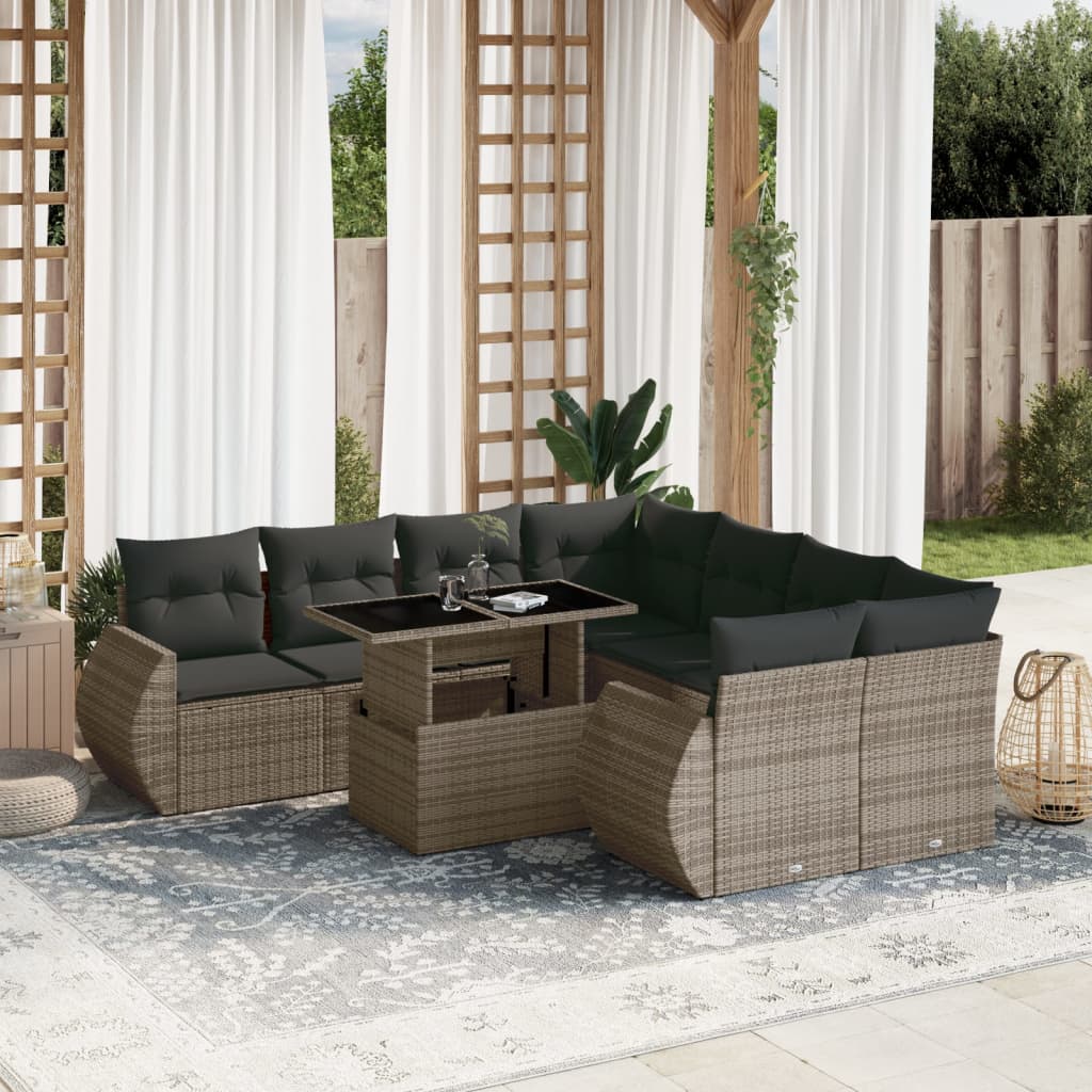 9-delige Loungeset met kussens poly rattan grijs is nu te koop bij PeponiXL, paradijselijk wonen!