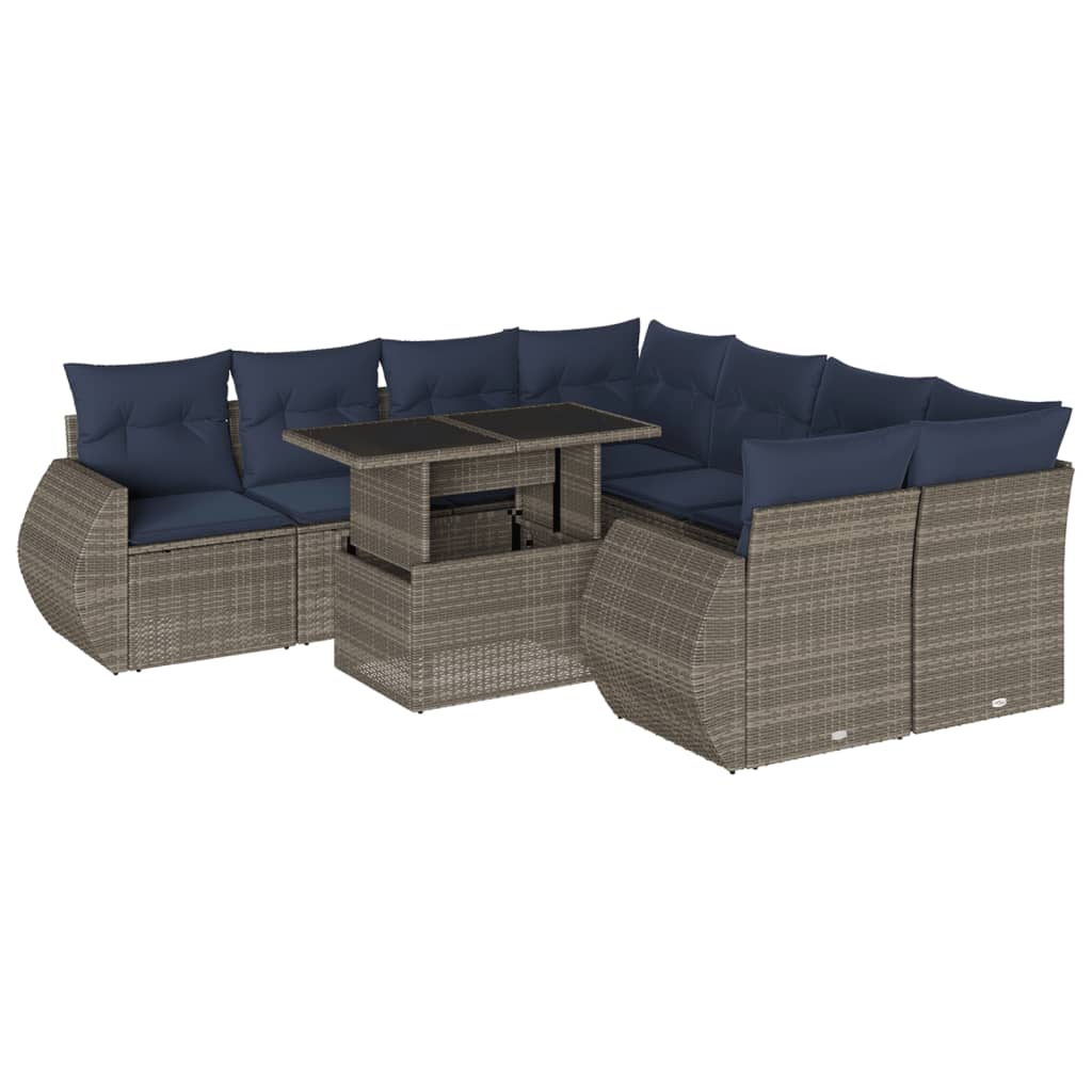 9-delige tuinbankset met kussens, grijs polyrotan is nu te koop bij PeponiXL, paradijselijk wonen!