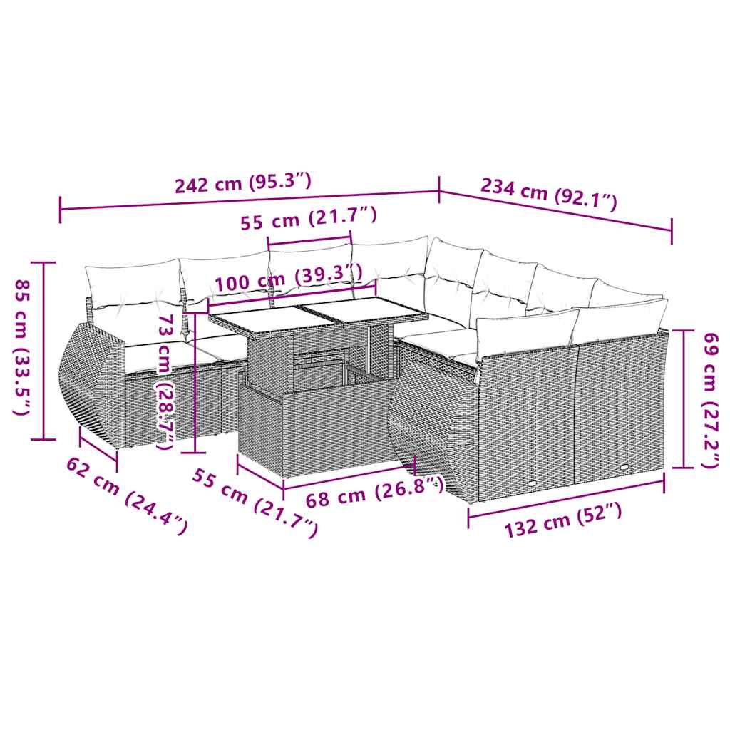 9-delige tuinbankset met kussens, bruin polyrotan is nu te koop bij PeponiXL, paradijselijk wonen!