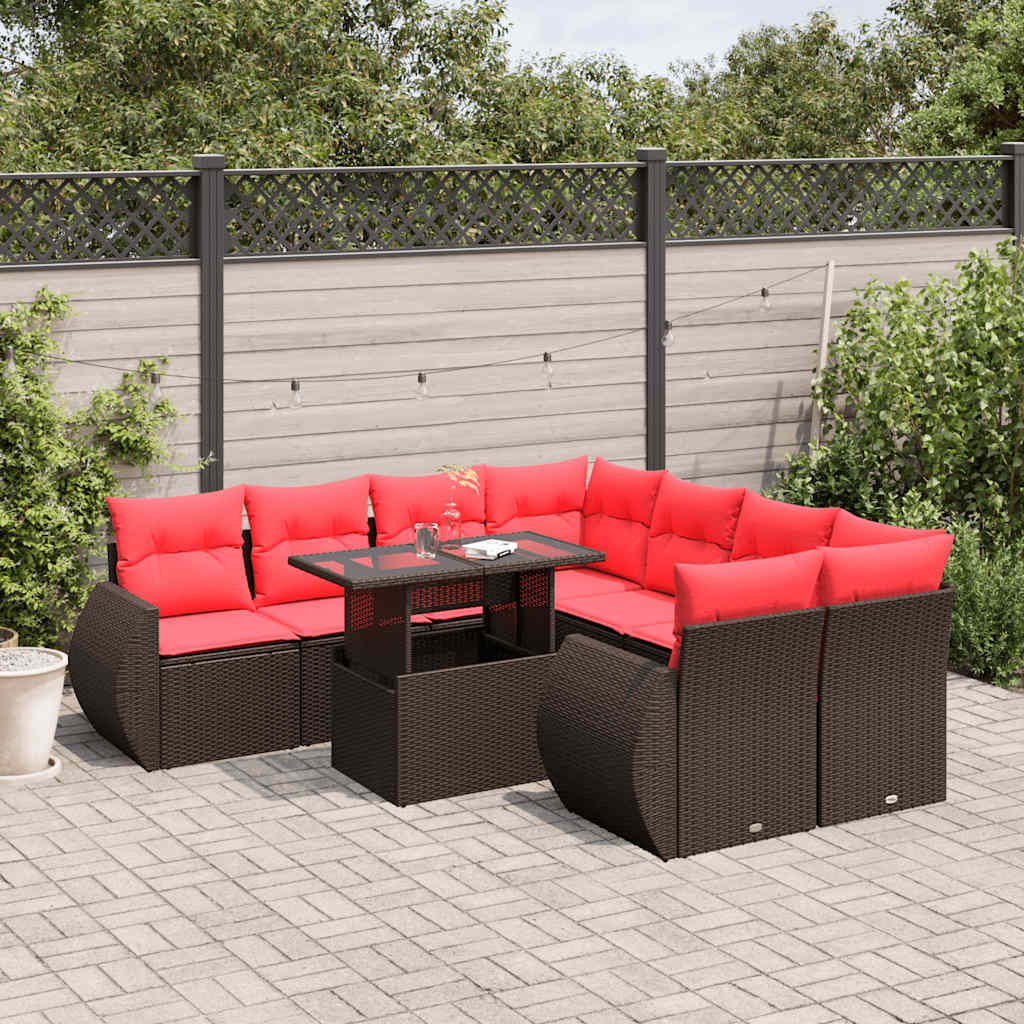 9-delige tuinbankset met kussens, bruin polyrotan is nu te koop bij PeponiXL, paradijselijk wonen!