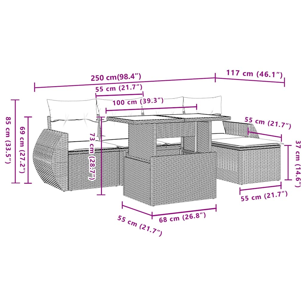6-delige tuinbankset met kussens, grijs polyrotan is nu te koop bij PeponiXL, paradijselijk wonen!