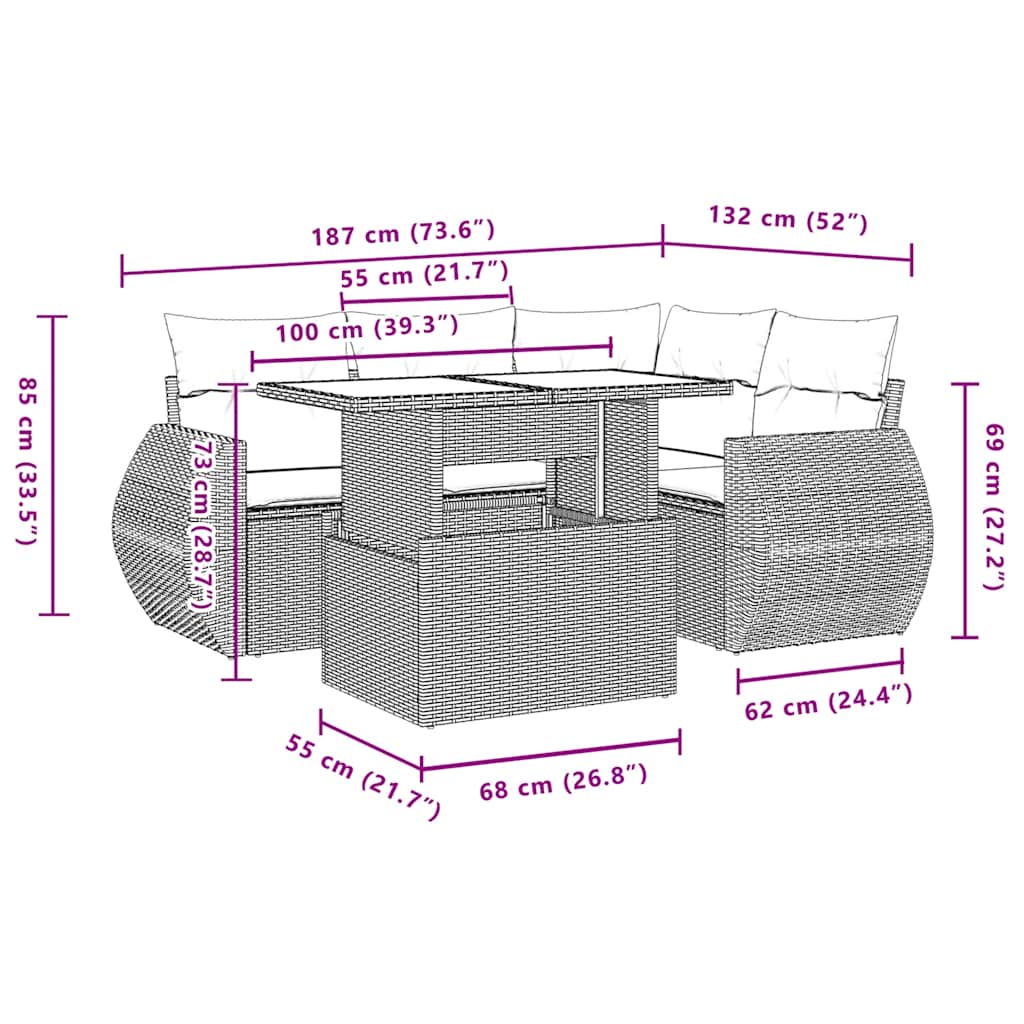 5-delige tuinbankset met kussens, grijs polyrotan is nu te koop bij PeponiXL, paradijselijk wonen!