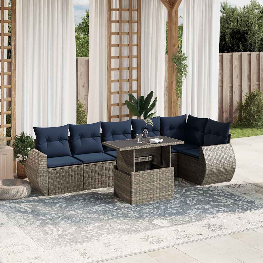 7-delige tuinbankset met kussens, grijs polyrotan is nu te koop bij PeponiXL, paradijselijk wonen!