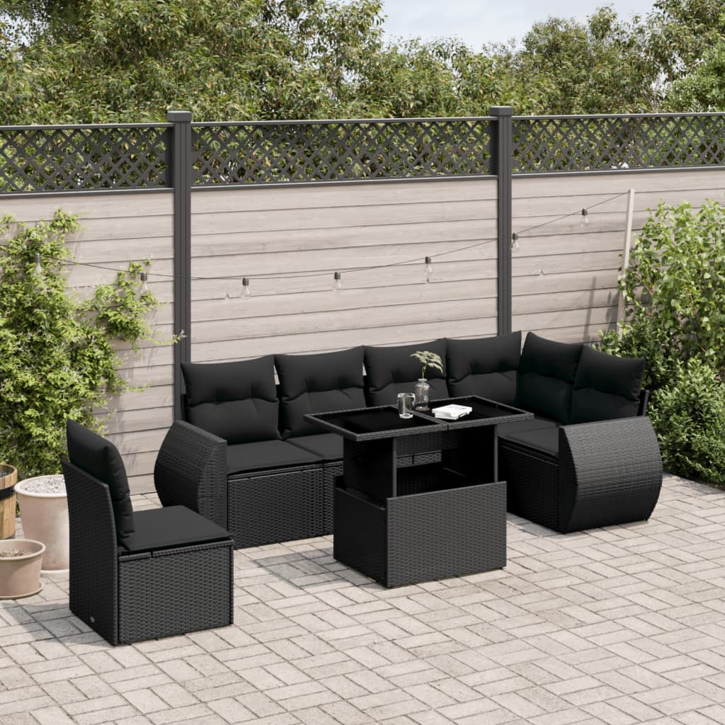 7-delige Loungeset met kussens poly rattan zwart is nu te koop bij PeponiXL, paradijselijk wonen!