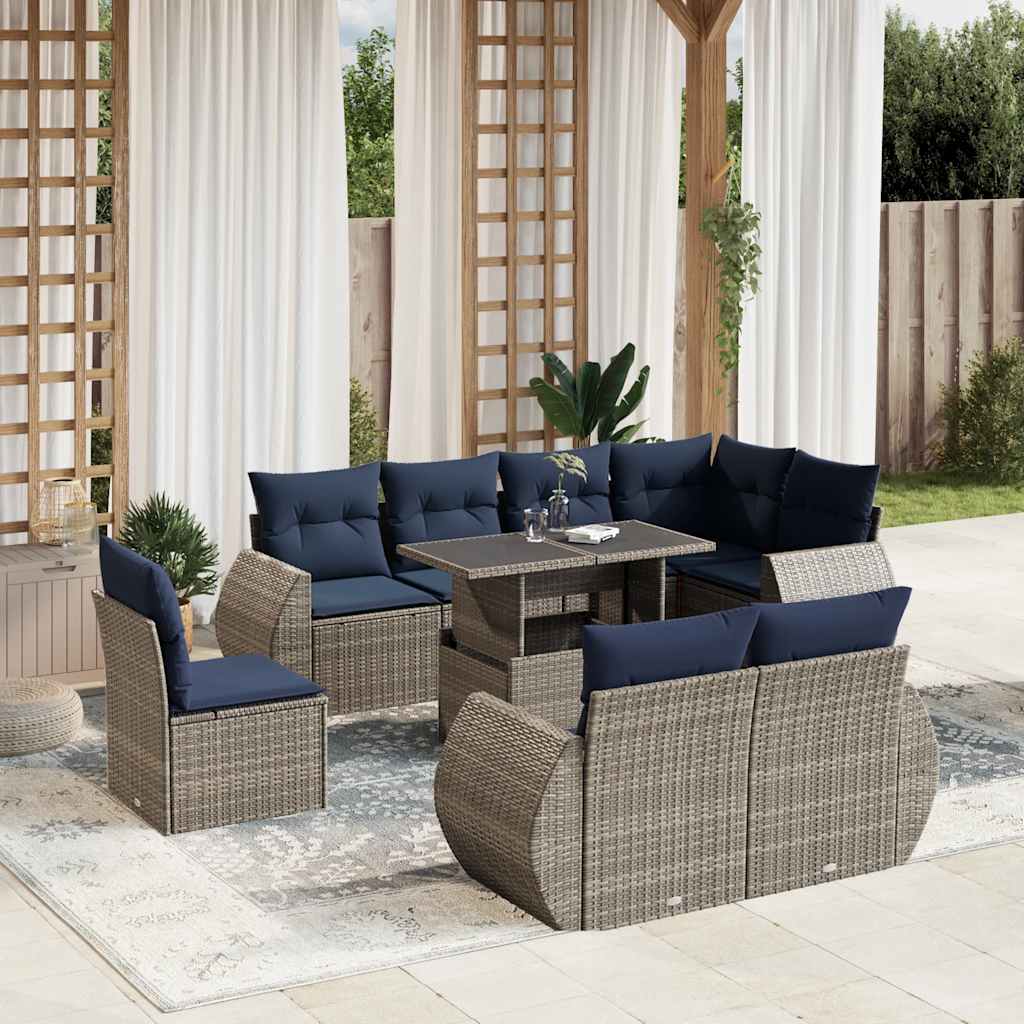 9-delige tuinbankset met kussens, grijs polyrotan is nu te koop bij PeponiXL, paradijselijk wonen!