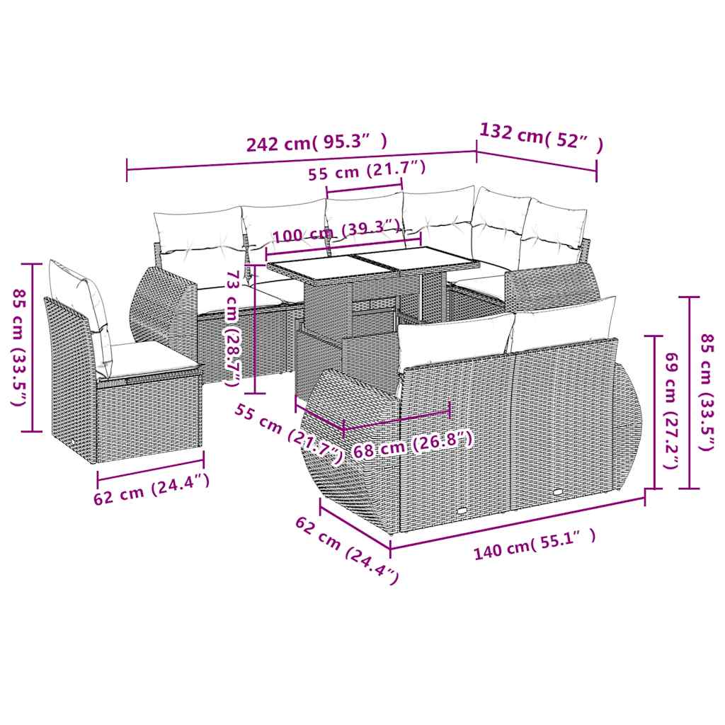 9-delige tuinbankset met kussens, bruin polyrotan is nu te koop bij PeponiXL, paradijselijk wonen!
