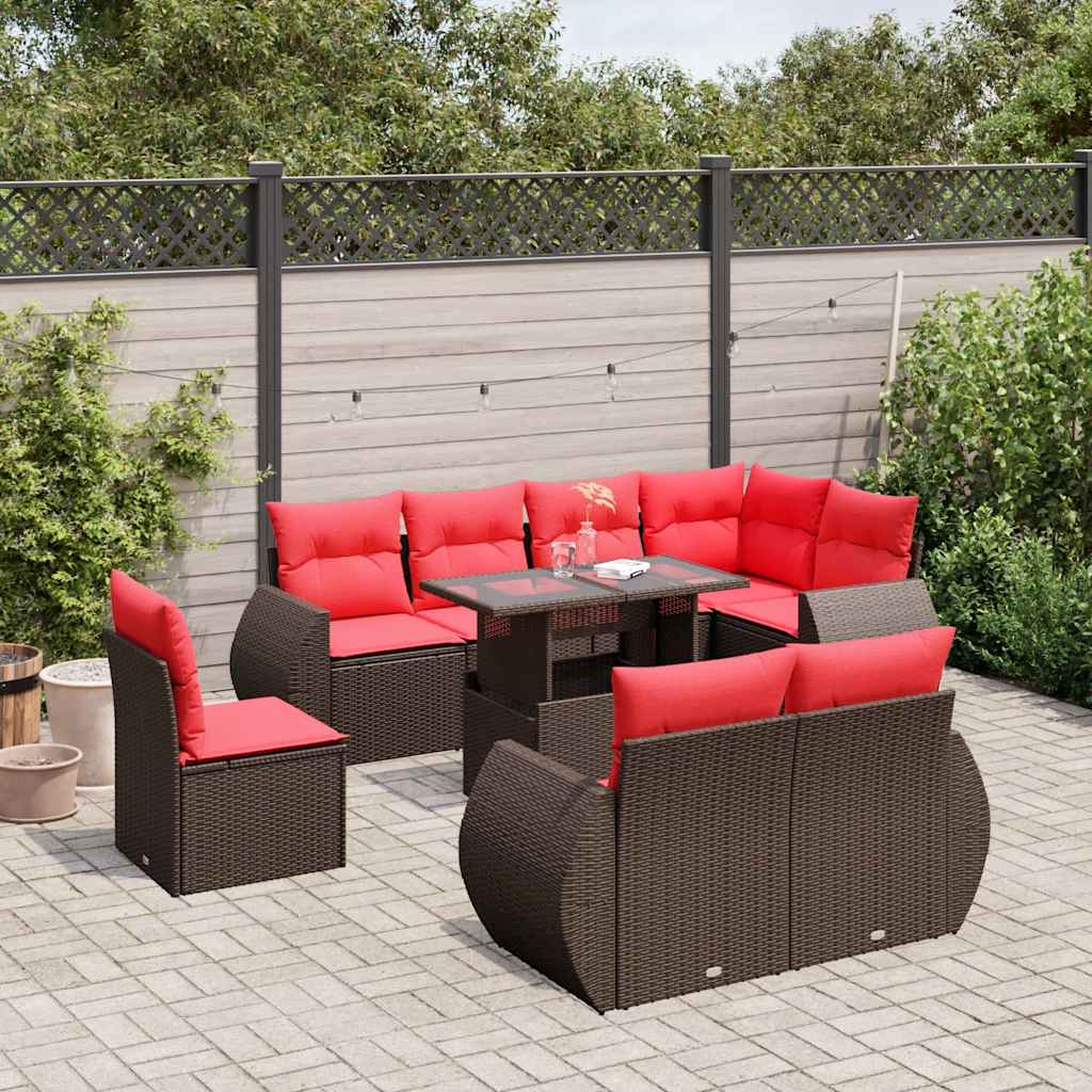 9-delige tuinbankset met kussens, bruin polyrotan is nu te koop bij PeponiXL, paradijselijk wonen!