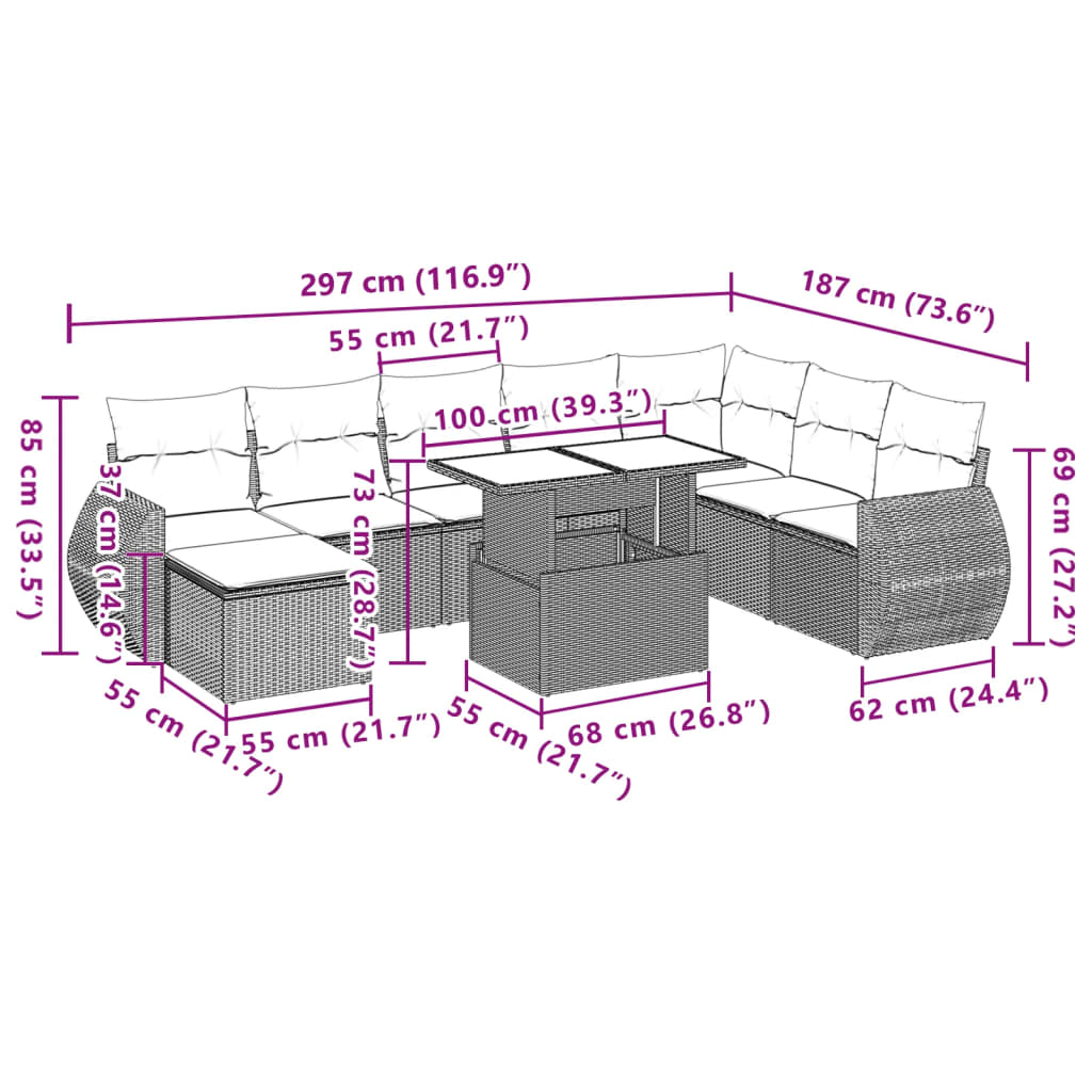 9-delige Loungeset met kussens poly rattan grijs is nu te koop bij PeponiXL, paradijselijk wonen!