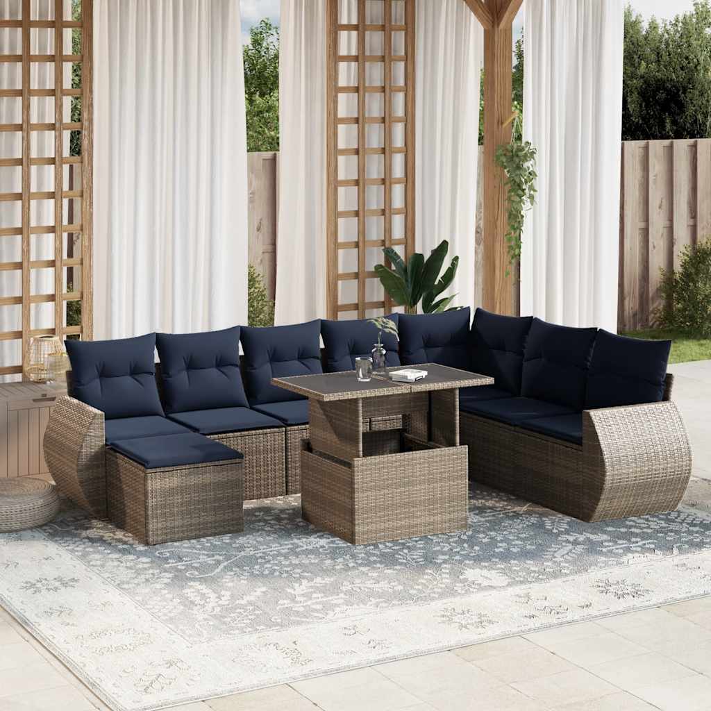 9-delige tuinbankset met kussens, grijs polyrotan is nu te koop bij PeponiXL, paradijselijk wonen!