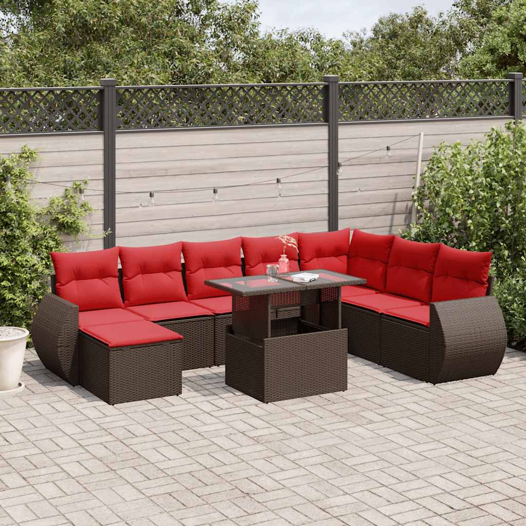 9-delige tuinbankset met kussens, bruin polyrotan is nu te koop bij PeponiXL, paradijselijk wonen!