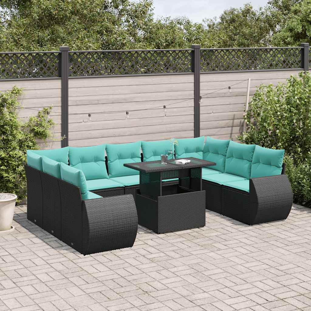 10-delige tuinbankset met kussens van zwart polyrotan is nu te koop bij PeponiXL, paradijselijk wonen!