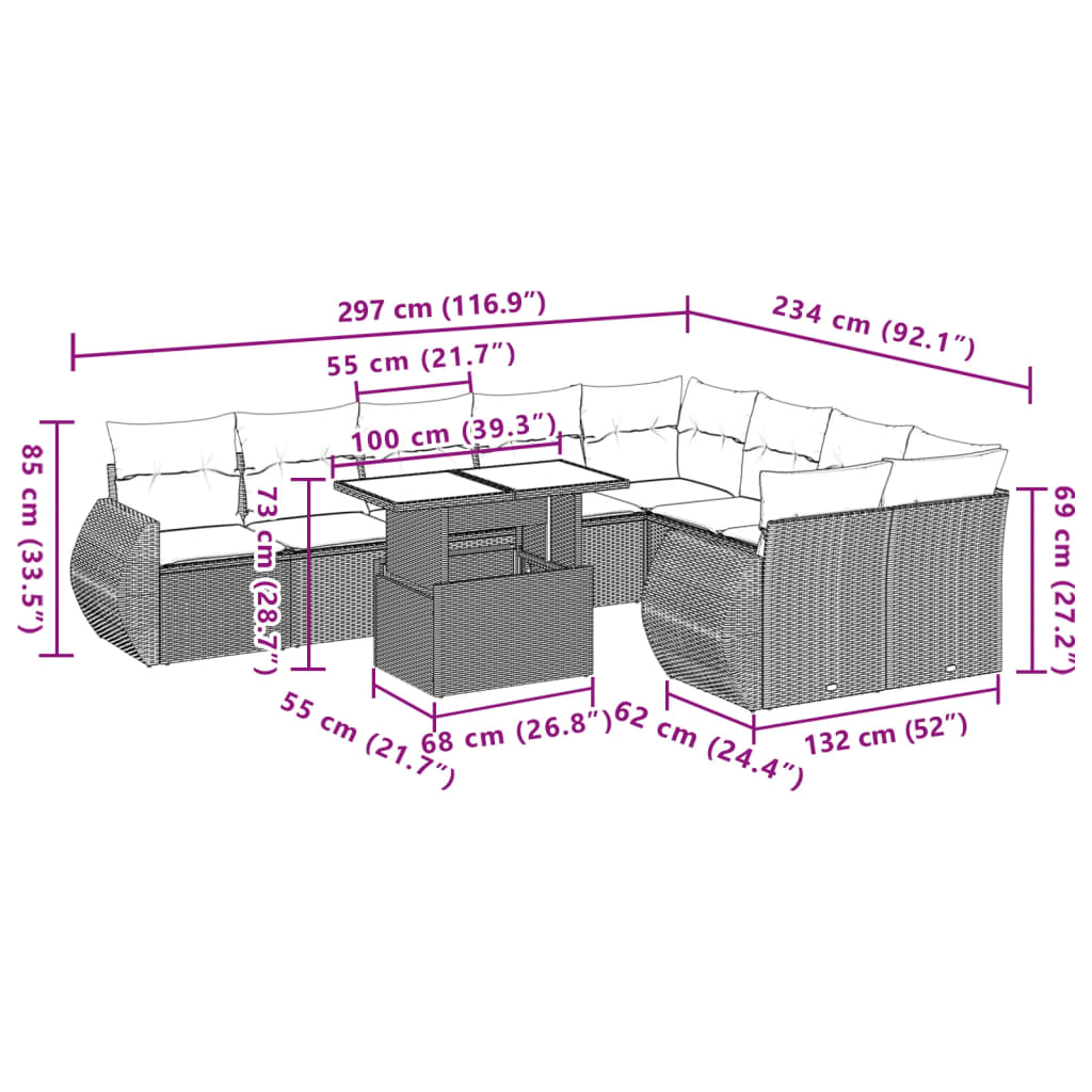 10-delige Loungeset met kussens poly rattan grijs is nu te koop bij PeponiXL, paradijselijk wonen!