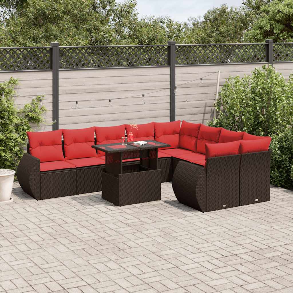 10-delige tuinbankset met kussens, bruin polyrotan is nu te koop bij PeponiXL, paradijselijk wonen!