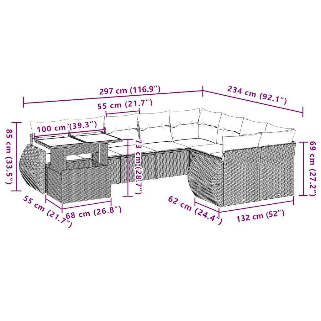 10-delige tuinbankset met kussens, grijs polyrotan is nu te koop bij PeponiXL, paradijselijk wonen!
