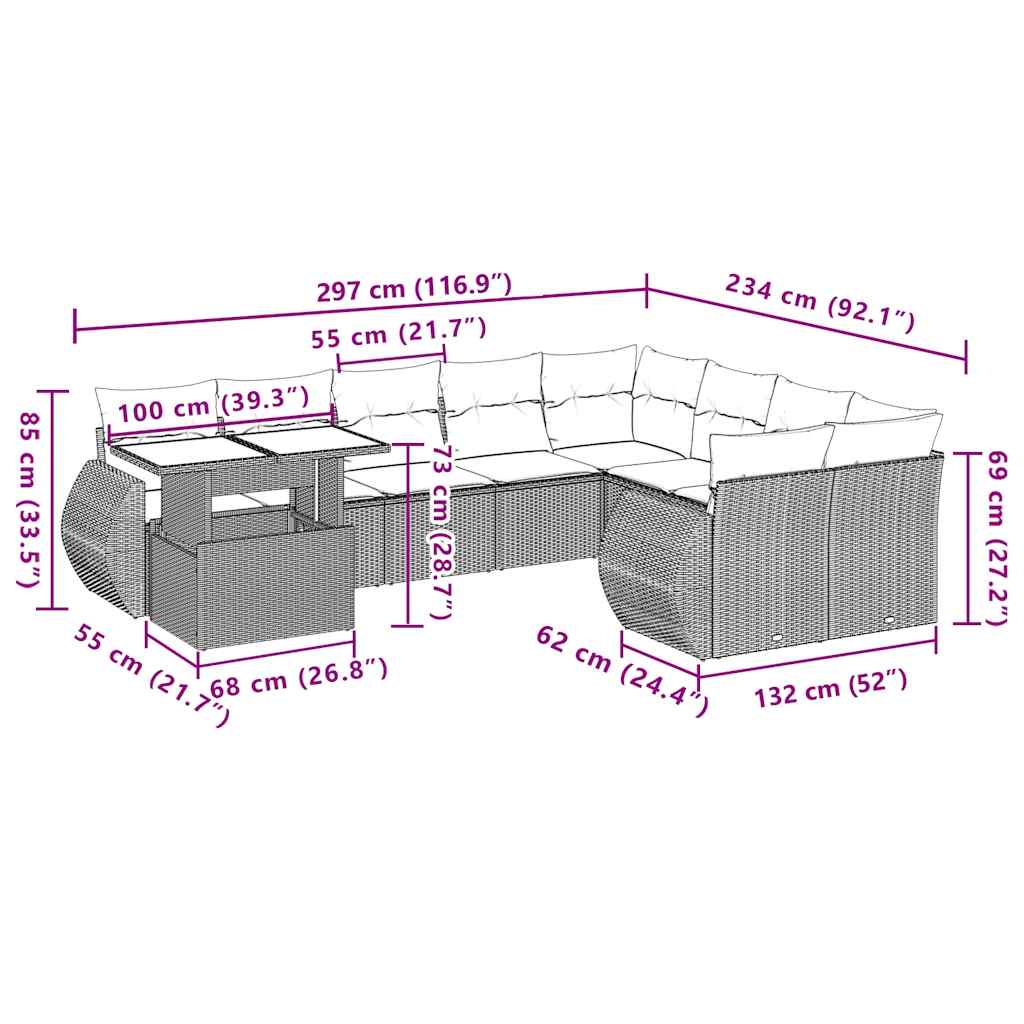 10-delige tuinbankset met kussens, bruin polyrotan is nu te koop bij PeponiXL, paradijselijk wonen!