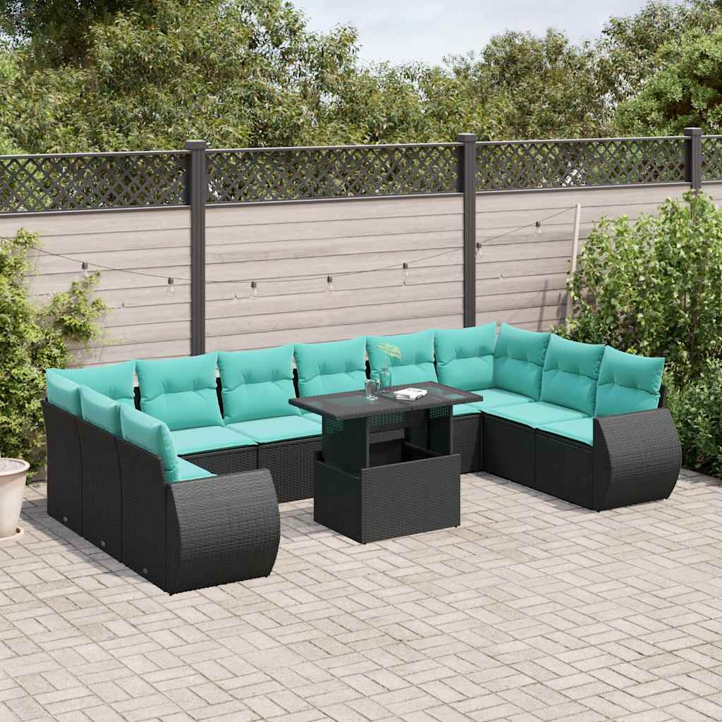 11-delige tuinbankset met kussens, zwart polyrotan is nu te koop bij PeponiXL, paradijselijk wonen!
