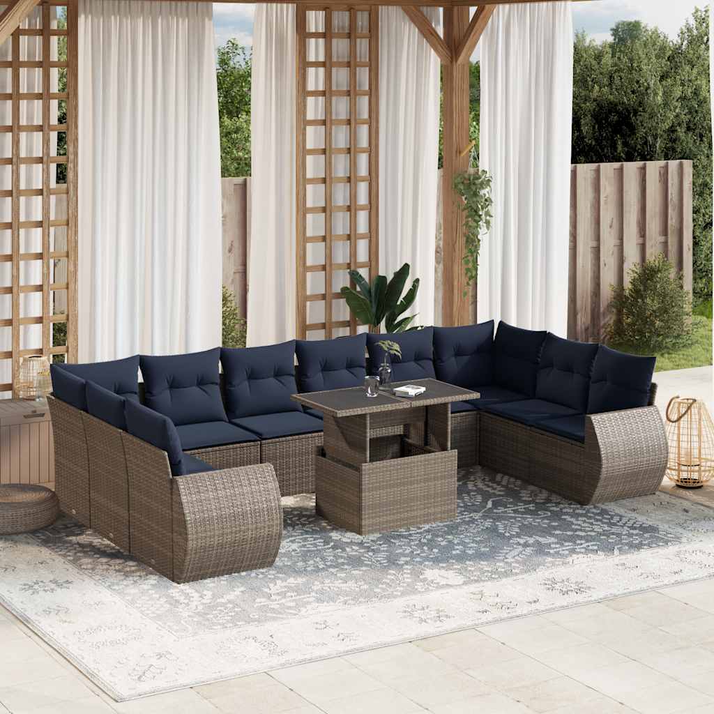 11-delige tuinbankset met kussens, grijs polyrotan is nu te koop bij PeponiXL, paradijselijk wonen!