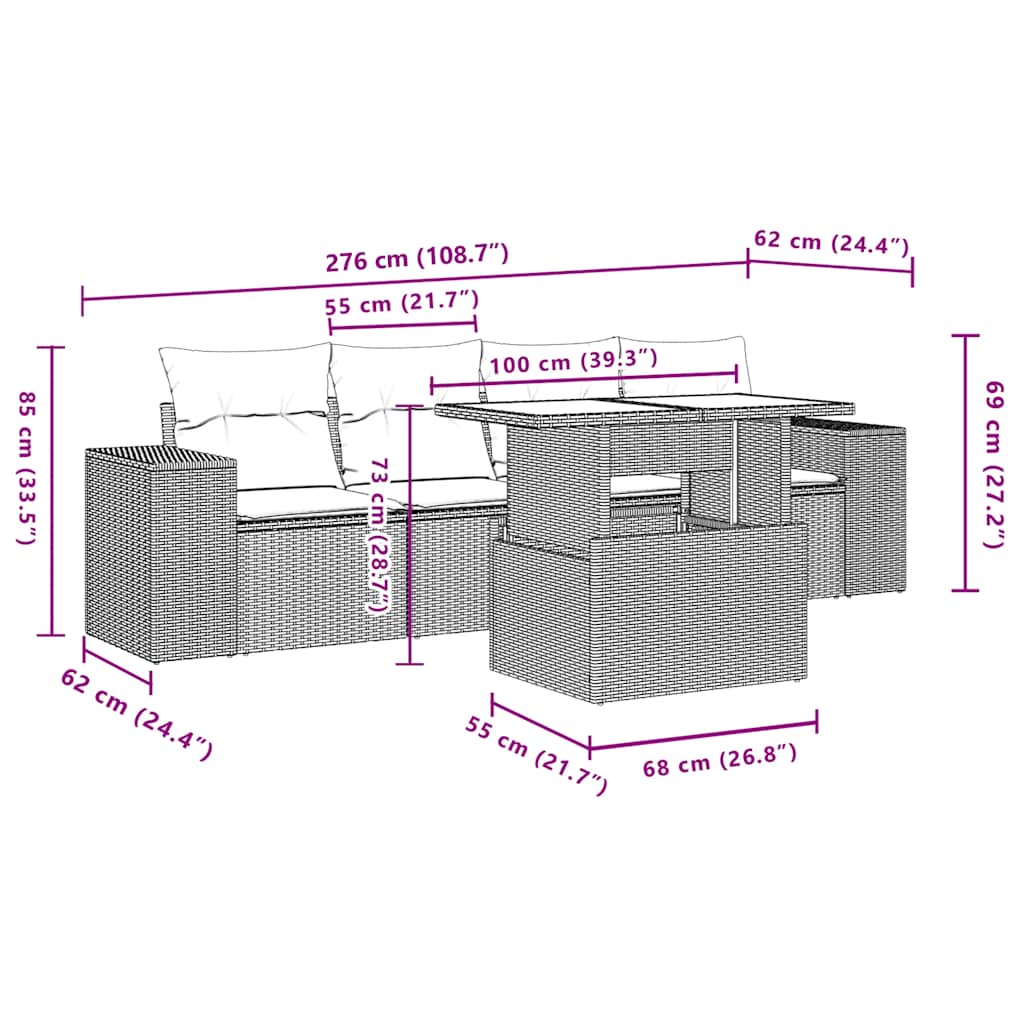 5-delige tuinbankset met kussens, grijs polyrotan is nu te koop bij PeponiXL, paradijselijk wonen!
