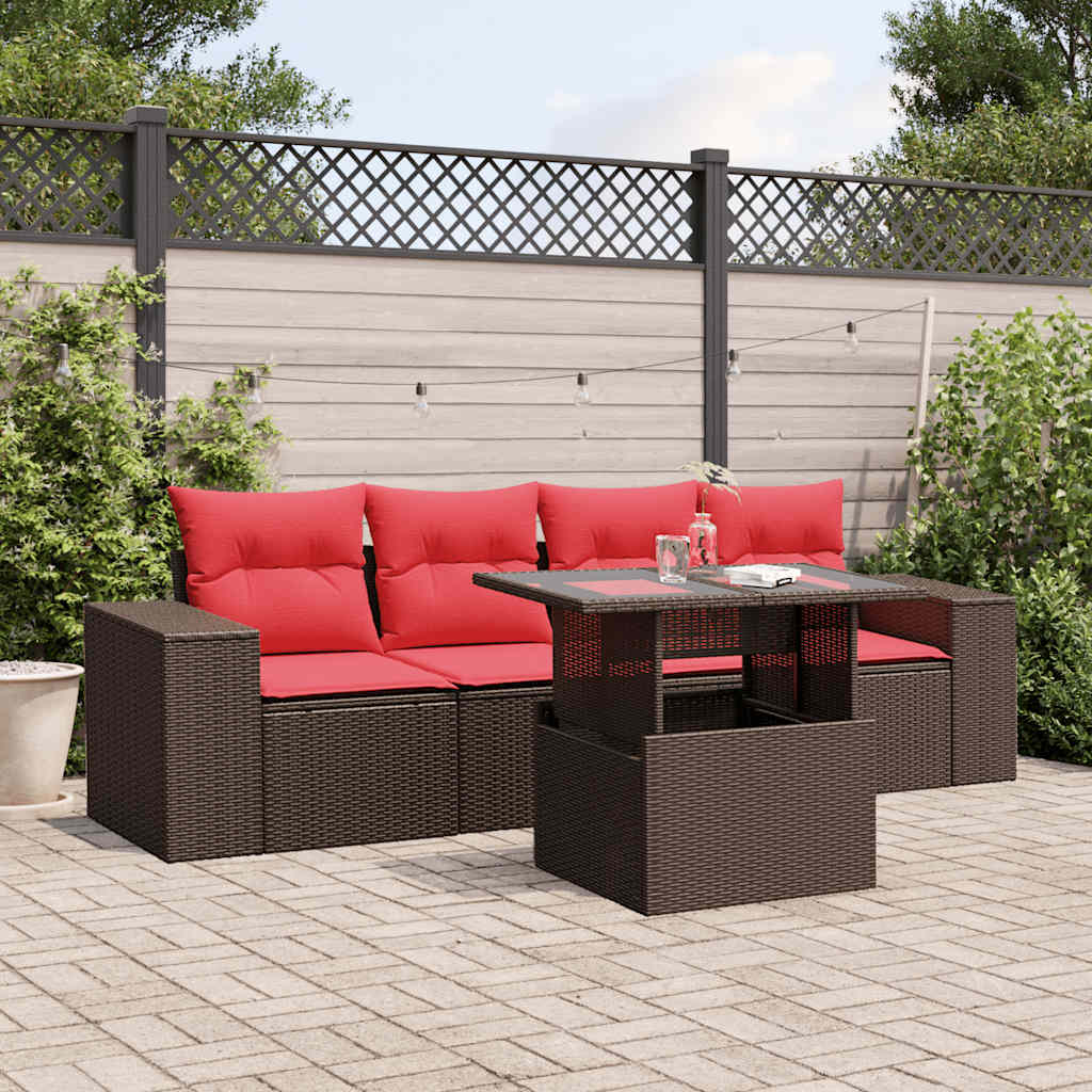 5-delige tuinbankset met kussens, bruin polyrotan is nu te koop bij PeponiXL, paradijselijk wonen!