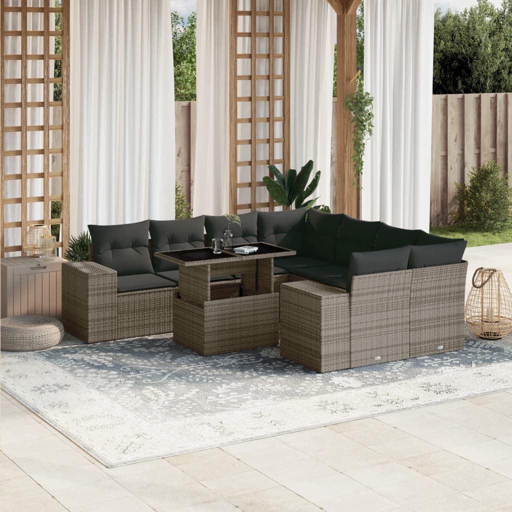 9-delige Loungeset met kussens poly rattan grijs is nu te koop bij PeponiXL, paradijselijk wonen!