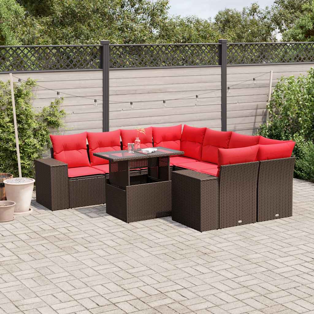 9-delige tuinbankset met kussens, bruin polyrotan is nu te koop bij PeponiXL, paradijselijk wonen!