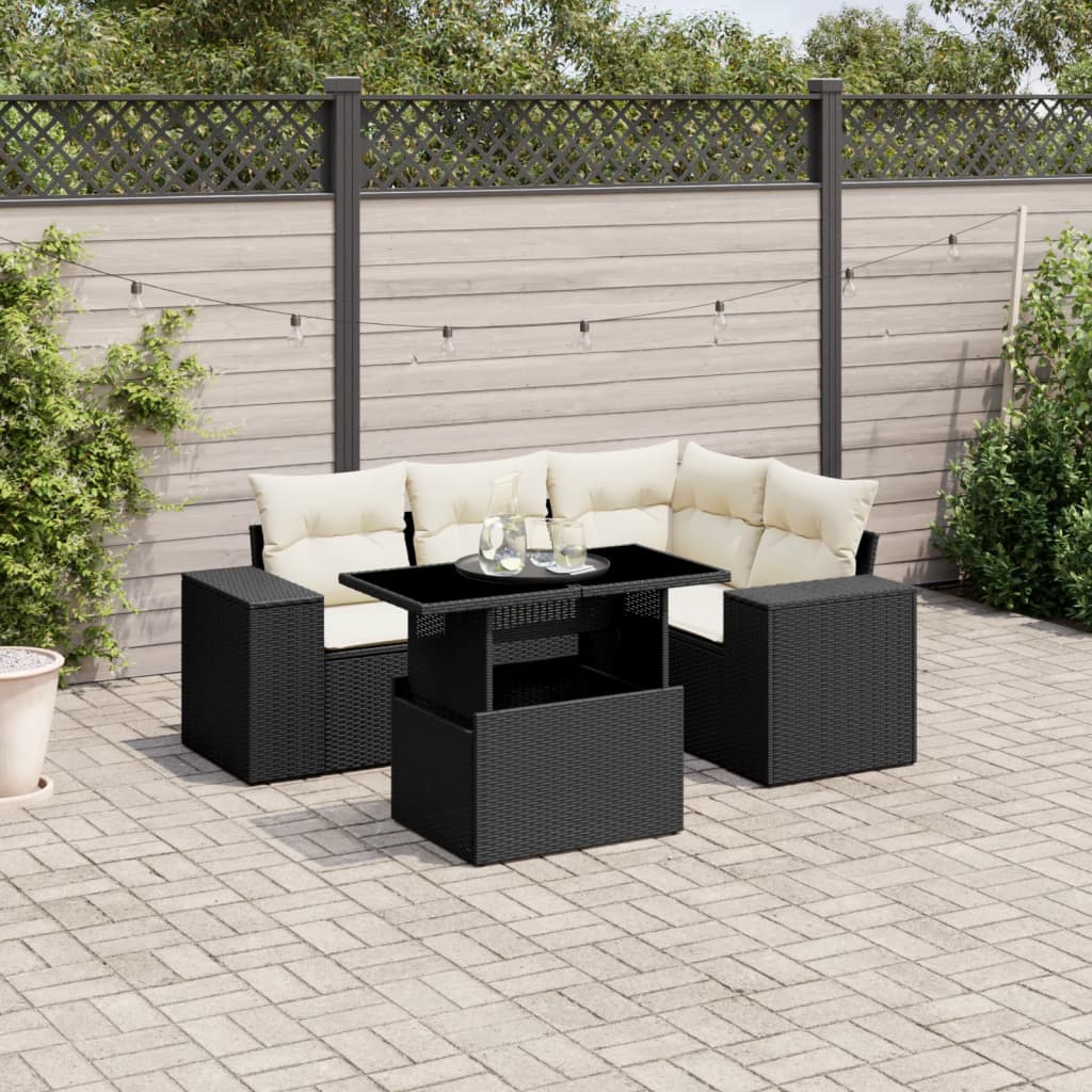 5-delige Loungeset met kussens poly rattan zwart is nu te koop bij PeponiXL, paradijselijk wonen!