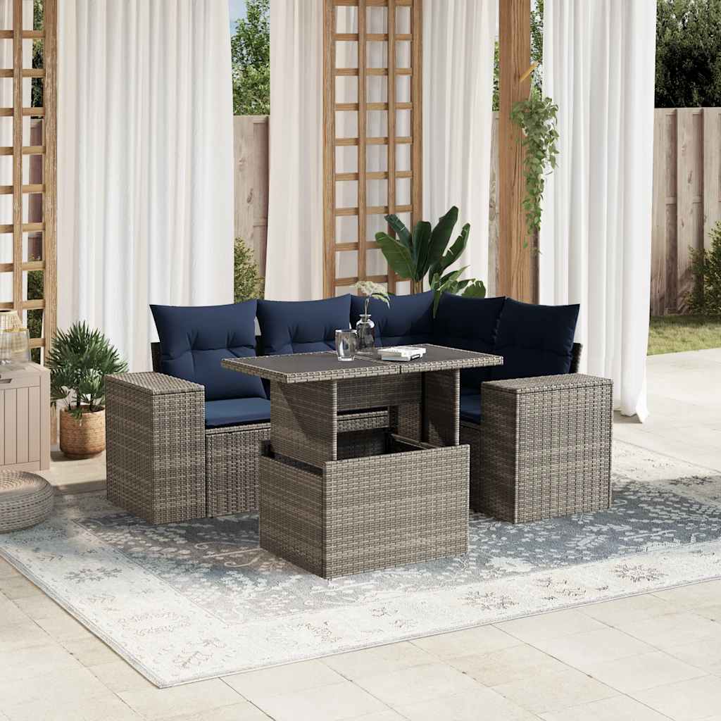 5-delige tuinbankset met kussens, grijs polyrotan is nu te koop bij PeponiXL, paradijselijk wonen!