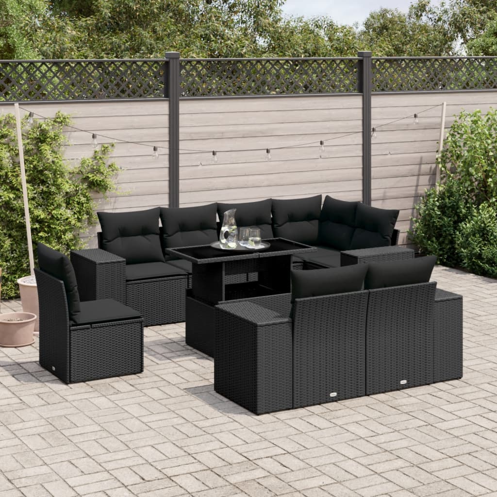 9-delige Loungeset met kussens poly rattan zwart is nu te koop bij PeponiXL, paradijselijk wonen!