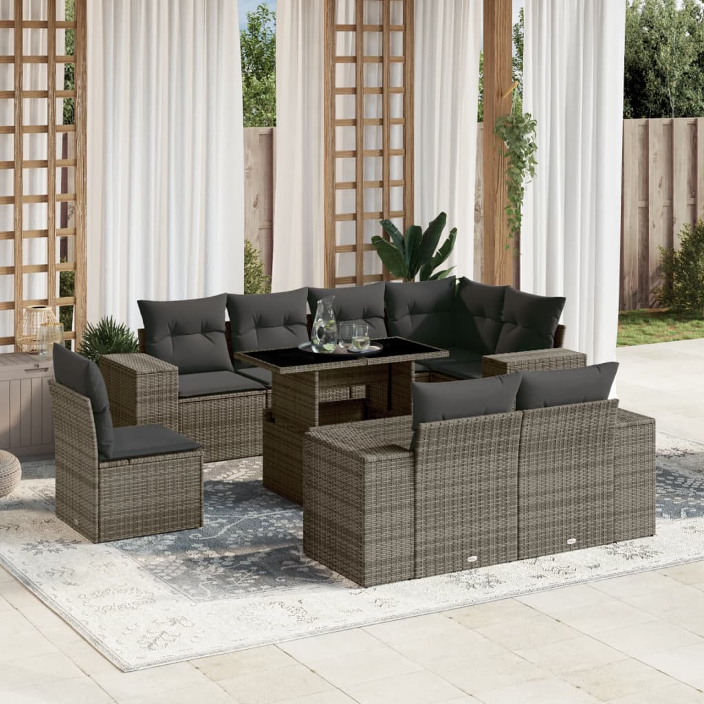 9-delige Loungeset met kussens poly rattan grijs is nu te koop bij PeponiXL, paradijselijk wonen!