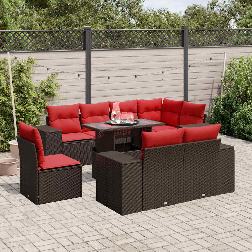9-delige tuinbankset met kussens, bruin polyrotan is nu te koop bij PeponiXL, paradijselijk wonen!