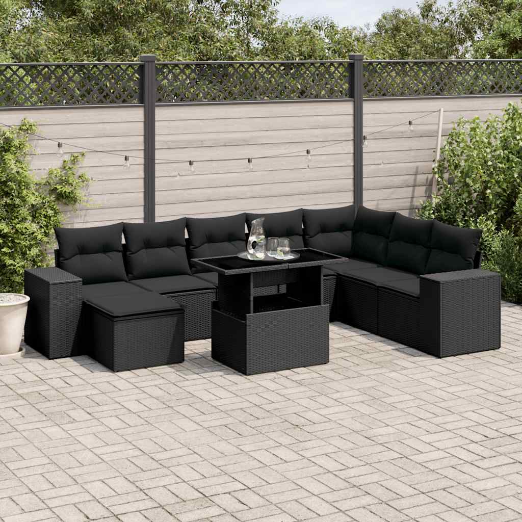 9-delige Loungeset met kussens poly rattan zwart is nu te koop bij PeponiXL, paradijselijk wonen!