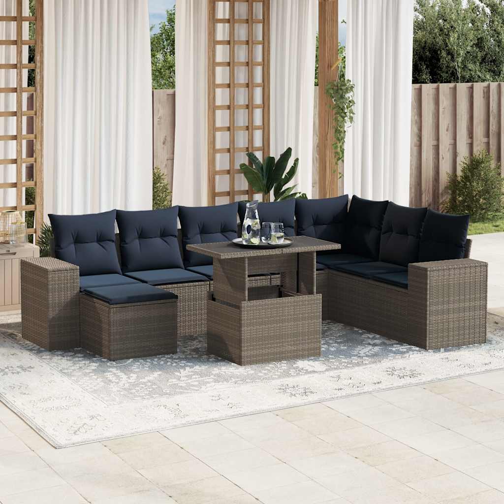 9-delige tuinbankset met kussens, grijs polyrotan is nu te koop bij PeponiXL, paradijselijk wonen!