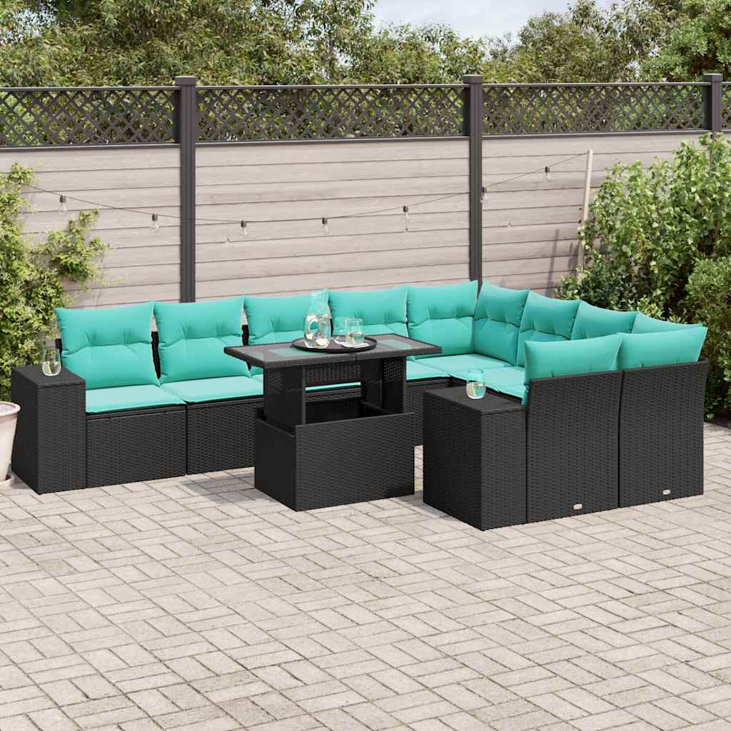 10-delige tuinbankset met kussens van zwart polyrotan is nu te koop bij PeponiXL, paradijselijk wonen!