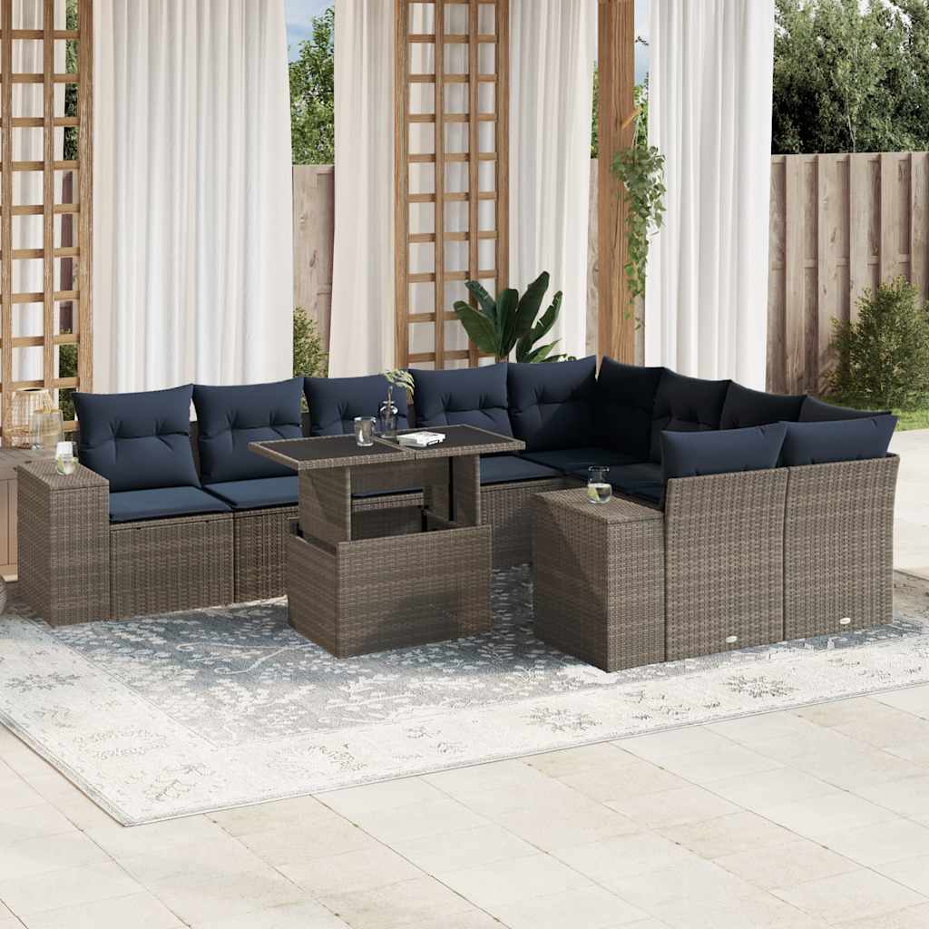 10-delige tuinbankset met kussens, grijs polyrotan is nu te koop bij PeponiXL, paradijselijk wonen!