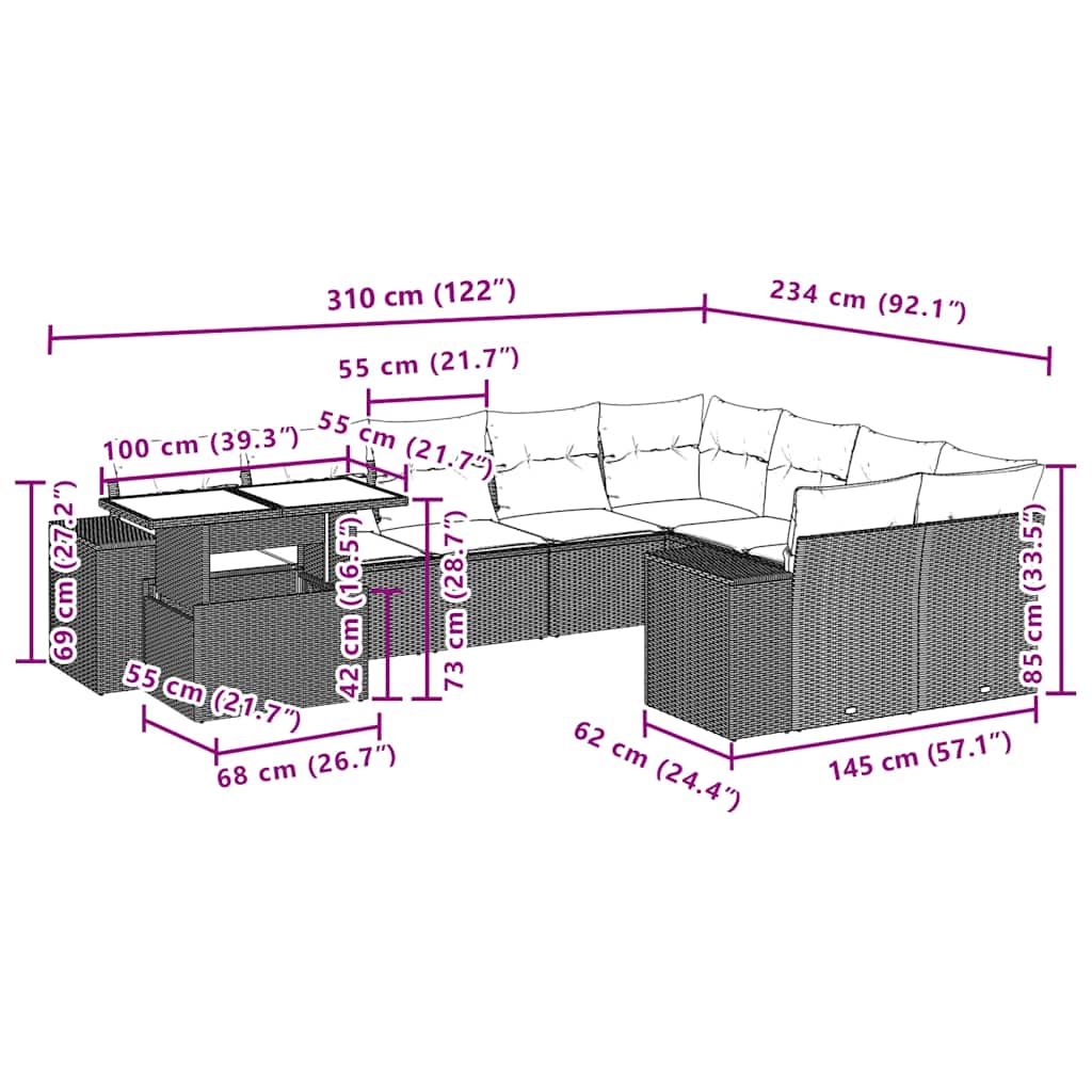 10-delige tuinbankset met kussens van zwart polyrotan is nu te koop bij PeponiXL, paradijselijk wonen!